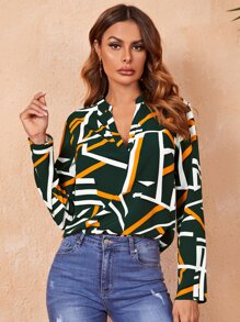 SHEIN 缺口V領幾何印花上衣 - 墨綠色 - 查看 5