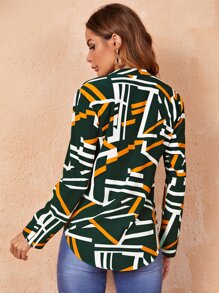SHEIN 缺口V領幾何印花上衣 - 墨綠色 - 查看 2