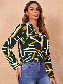 SHEIN 缺口V領幾何印花上衣 - 墨綠色 - 查看 3
