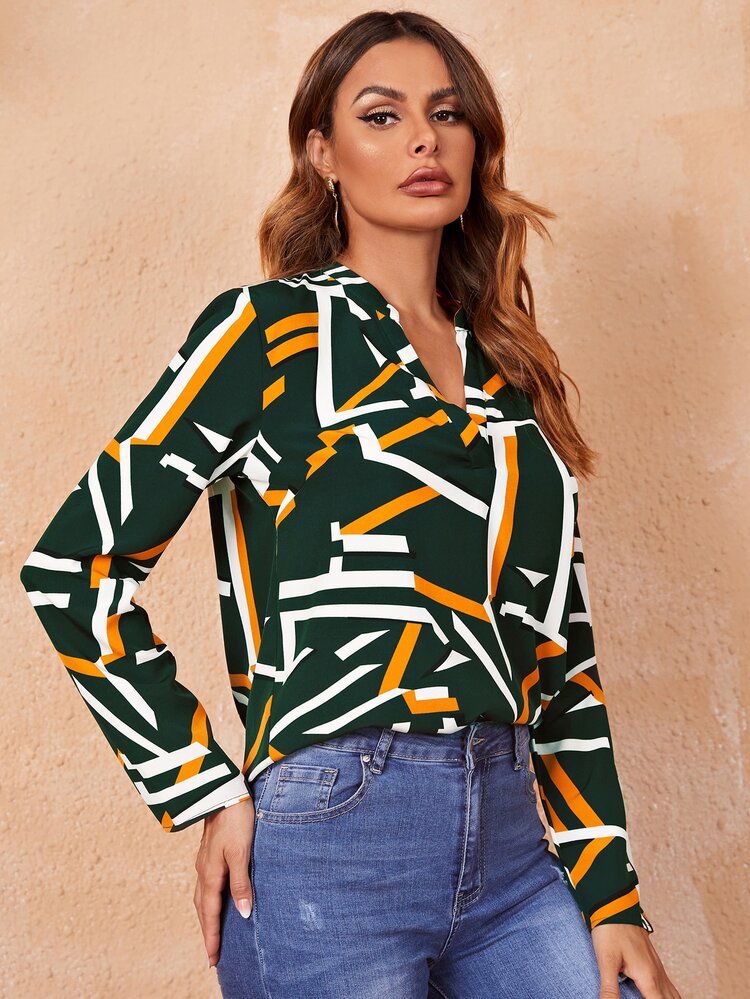 SHEIN Áo sơ mi Bất đối xứng Hình học Thanh lịch - Màu xanh lá cây đậm - Xem 3