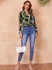 SHEIN 缺口V領幾何印花上衣 - 墨綠色 - 查看 4