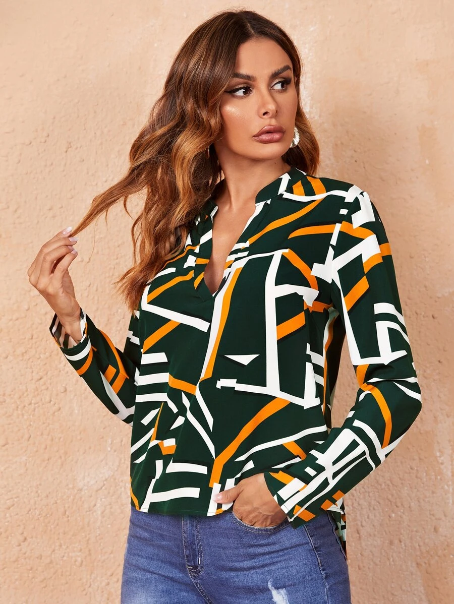 SHEIN 缺口V領幾何印花上衣 - 墨綠色 - 查看 1
