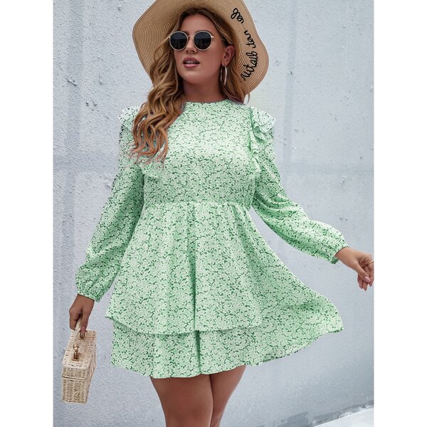 

Plus Floral Print Ruffle Trim A-line Dress, Mint green