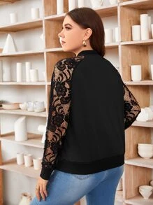 SHEIN Clasi Plus Contrast Guipure Lace Raglan Sleeve Bomber Jacket - Black - View 2