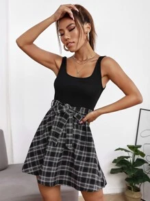SHEIN PETITE Tartan Belted 2 In 1 Dress - Black - View 1