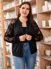 SHEIN Clasi Plus Contrast Guipure Lace Raglan Sleeve Bomber Jacket - Black - View 3