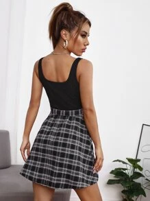 SHEIN PETITE Tartan Belted 2 In 1 Dress - Black - View 2