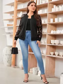 SHEIN Clasi Plus Contrast Guipure Lace Raglan Sleeve Bomber Jacket - Black - View 5