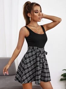 SHEIN PETITE Tartan Belted 2 In 1 Dress - Black - View 5