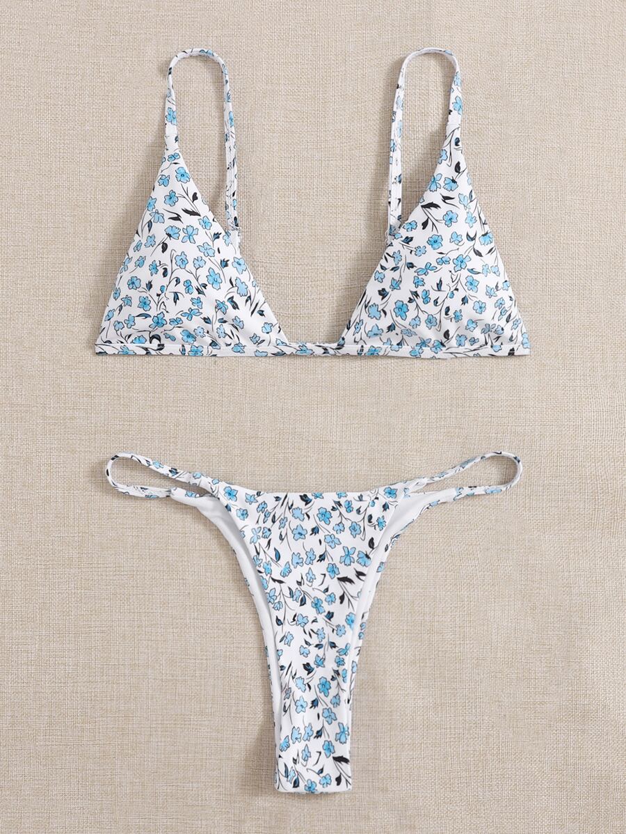 SHEIN Swim Summer Beach Ditsy Floral Bikini Set Triangle Bra & Thong Bottom 2 Piece Bathing Suit - Multicolor - View 1