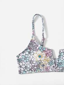 Swim Mod Conjunto de bikini con estampado floral, sujetador de cami con aros en V acanalado y traje de baño de 2 piezas con parte inferior de bikini - Multicolor - Ver 5