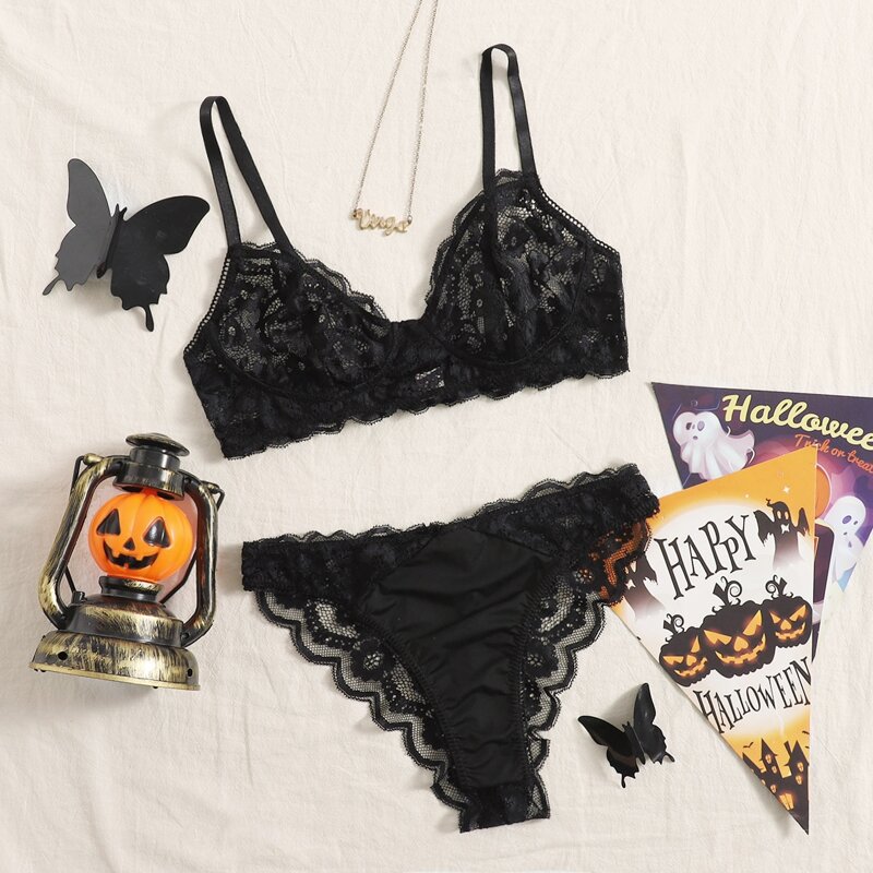 

Floral Lace Lingerie Set, Black