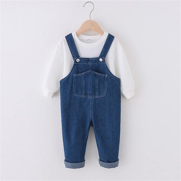 

Toddler Boys Drop Shoulder Pullover & Pocket Front Denim Jumpsuit, Blue and white