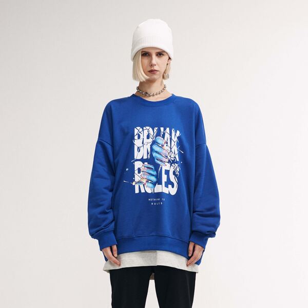 

Drop Shoulder Letter & Hand Print Pullover, Blue