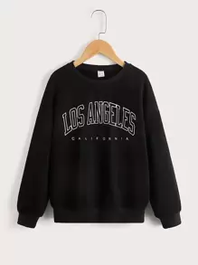 SHEIN Tween Girl Letter Graphic Drop Shoulder Pullover - Black - View 1