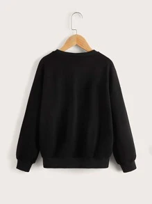 SHEIN Tween Girl Letter Graphic Drop Shoulder Pullover - Black - View 2