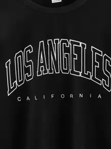 SHEIN Tween Girl Letter Graphic Drop Shoulder Pullover - Black - View 3