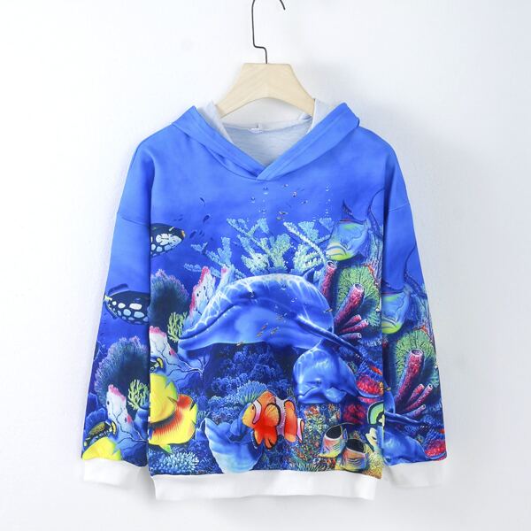 

Girls 3D Coral And Fish Print Drop Shoulder Hoodie, Multicolor