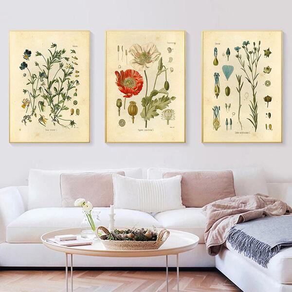 

3pcs Plant Print Unframed Painting, Yellow