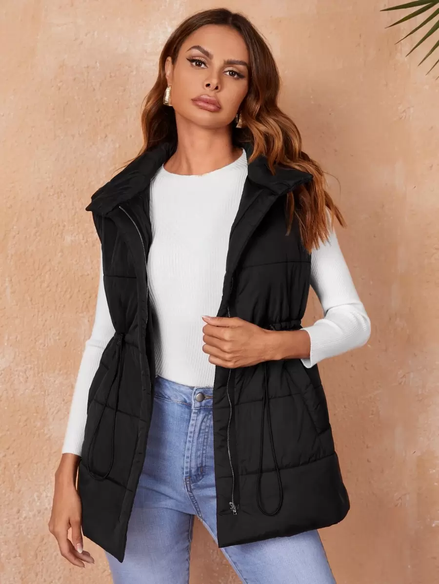 SHEIN Slant Pocket Quilted Drawstring Waist Zip Front Padded Gilet Jacket - Black - View 1