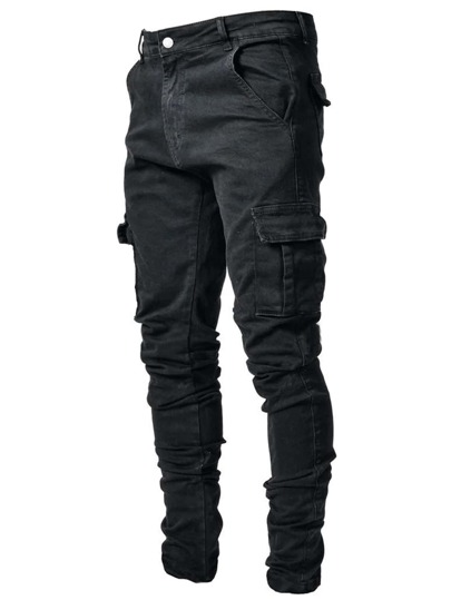 Manfinity Roughcore Men Cotton Flap Pocket Zipper Fly Jeans, Black Cargo Jeans, Men Black Cargo Pants, Black Cargos For Men, Skinny Cargo Pants Men
