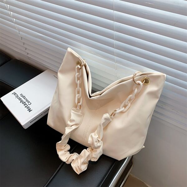 

Ruched Detail Large Capacity Shoulder Bag, Beige