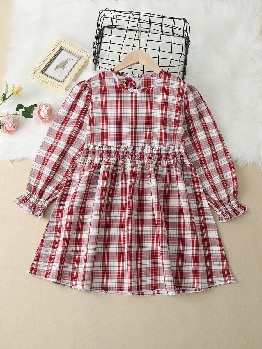 女孩蘇格蘭格紋腰部打褶燈籠袖洋裝
