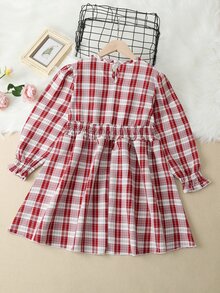 女孩蘇格蘭格紋腰部打褶燈籠袖洋裝