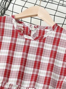 女孩蘇格蘭格紋腰部打褶燈籠袖洋裝