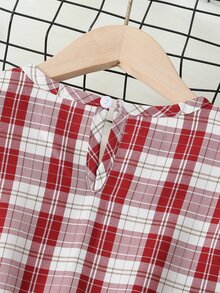 女孩蘇格蘭格紋腰部打褶燈籠袖洋裝