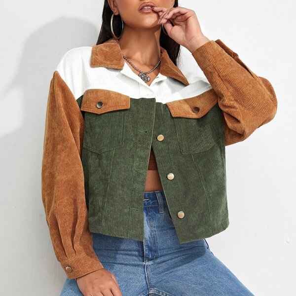 

Flap Pocket Color Block Corduroy Jacket, Multicolor