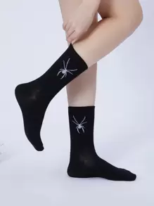 Halloween Spider Print Crew Socks - Black - View 1
