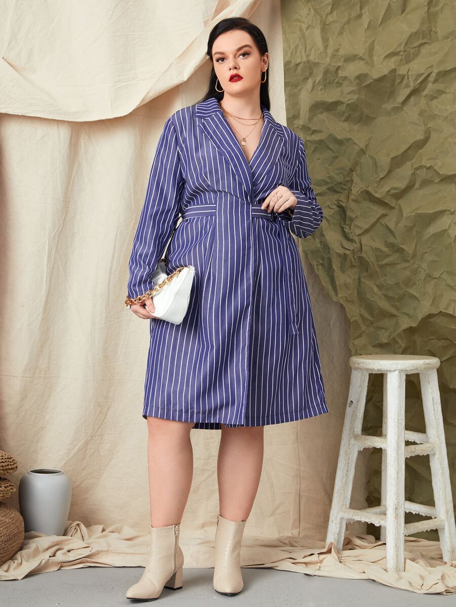 SHEIN Unity Plus Striped Print Lapel Collar Belted Coat - Navy Blue - View 1
