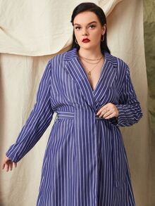 SHEIN Unity Plus Striped Print Lapel Collar Belted Coat - Navy Blue - View 3