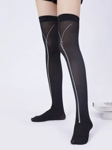 Halloween Zipper Print Over The Knee Socks - Black - View 1