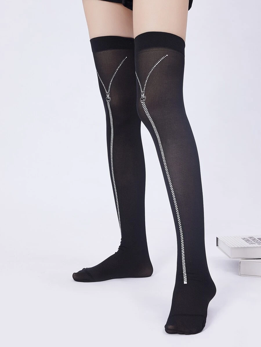 Halloween Zipper Print Over The Knee Socks - Black - View 1