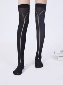 Halloween Zipper Print Over The Knee Socks - Black - View 2