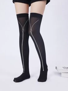 Halloween Zipper Print Over The Knee Socks - Black - View 3