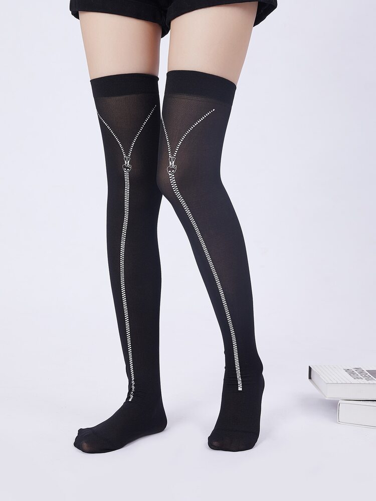 Halloween Zipper Print Over The Knee Socks - Black - View 3