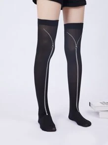 Halloween Zipper Print Over The Knee Socks - Black - View 4