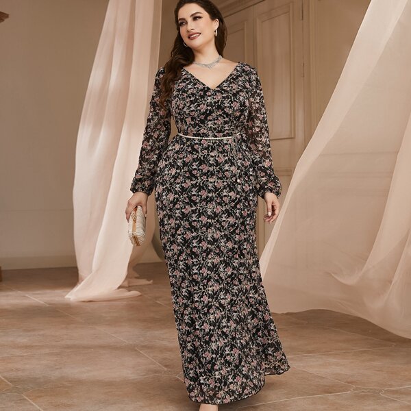 

Plus Floral Print Lantern Sleeve Belted Dress, Multicolor