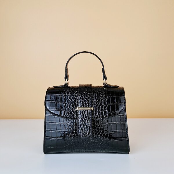 

Croc Embossed Flap Satchel Bag, Black