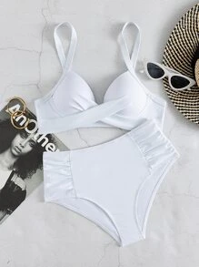 SHEIN Swim Ruched Bikini Set Underwire Push Up Bra & High Waisted Bottom 2 Pieces Bathing Suit Summer - White - View 3
