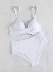 SHEIN Swim Ruched Bikini Set Underwire Push Up Bra & High Waisted Bottom 2 Pieces Bathing Suit Summer - White - View 4