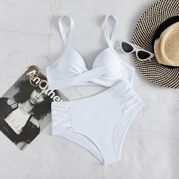 

Plain Ruched Push Up High Waisted Bikini Swimsuit, White