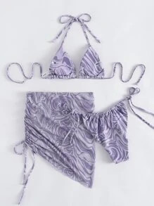 Summer 3packs Fluid Pattern Halter Triangle Bikini & Beach Skirt - Purple - View 2