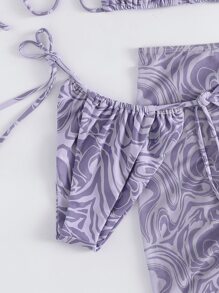 Summer 3packs Fluid Pattern Halter Triangle Bikini & Beach Skirt - Purple - View 6