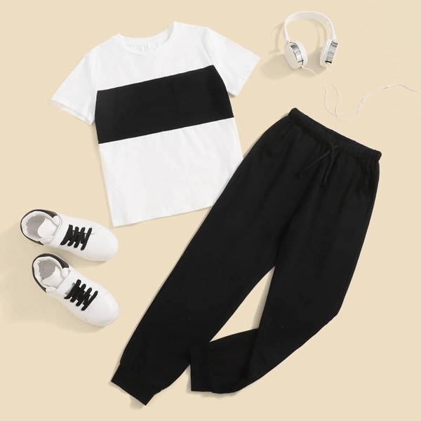 

Boys Pocket Patched Tee and Sweatpants Set, Black and white