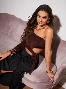 單肩側繫帶短款T恤 - 巧克力棕 - 查看 1