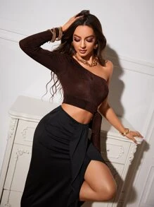 單肩側繫帶短款T恤 - 巧克力棕 - 查看 4